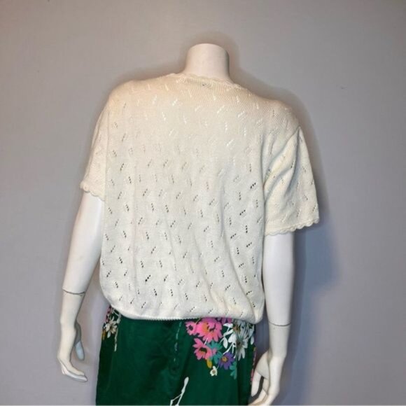 Vintage Short Sleeve Lightweight Hand Embroidered Open Knitted Sweater Size L - Picture 7 of 10